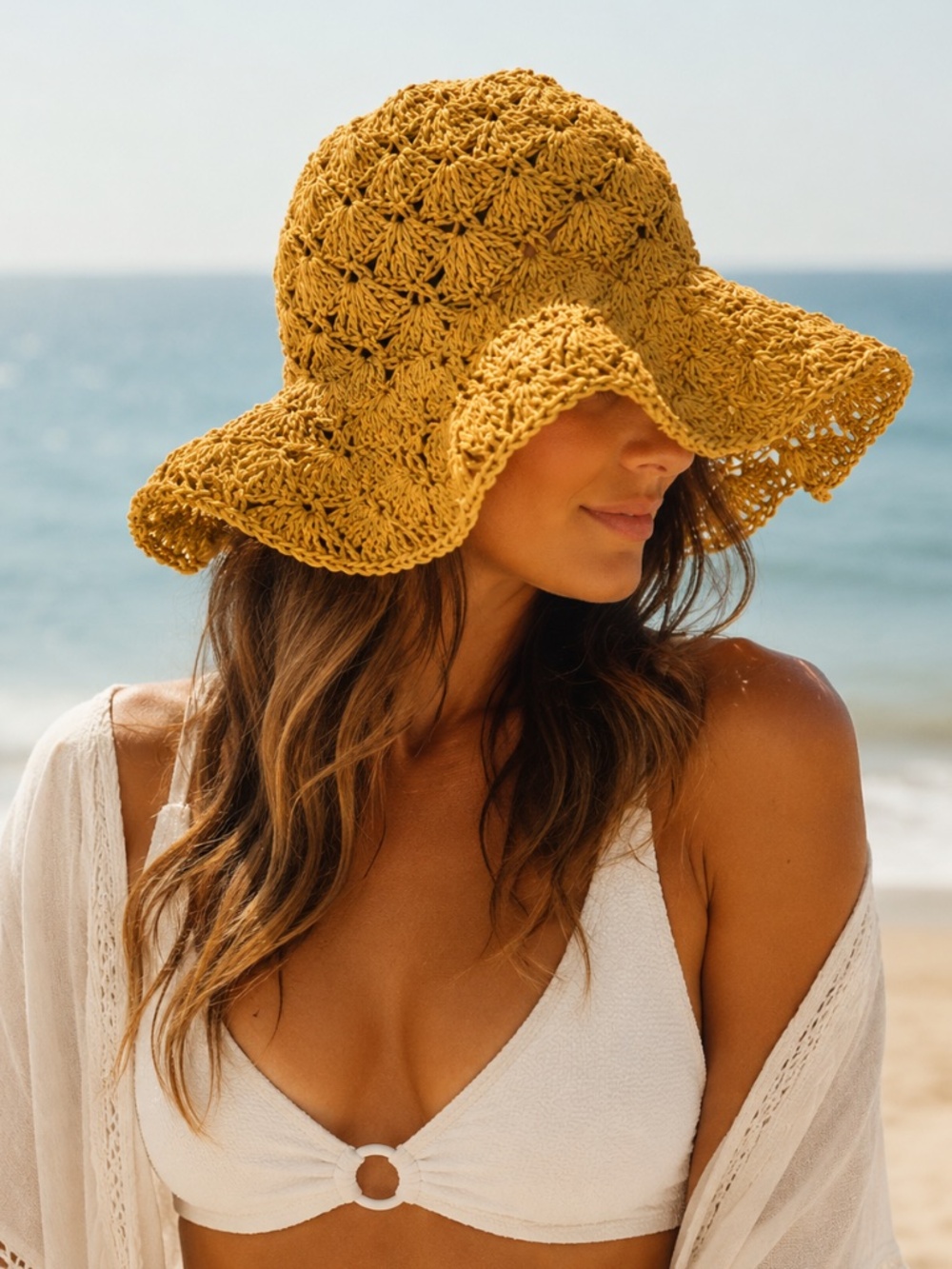 Raffaello Bettini Made in Italy Mustard Raffia Crochet Sun Hat 100% Paper